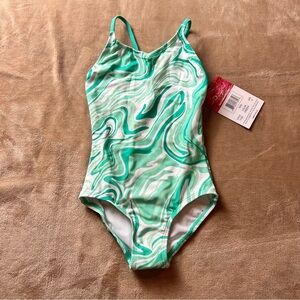 KANU Green and White Pastel Swirl Full-Coverage Girl's Swimsuit - Size 4